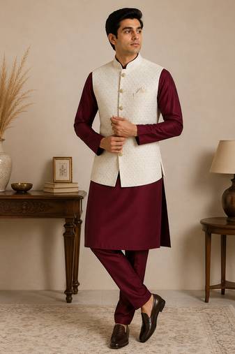 Men's silk maroon embroidery kurta-jacket-set