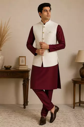 Men's silk maroon embroidery kurta-jacket-set