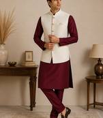 Men's silk maroon embroidery kurta-jacket-set