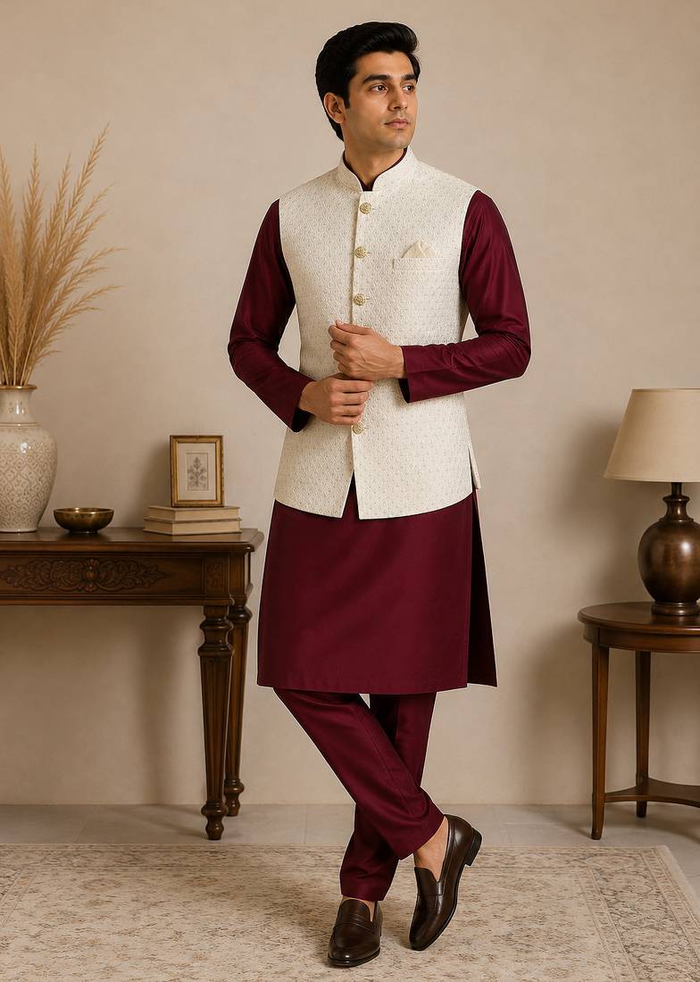 Men's silk maroon embroidery kurta-jacket-set