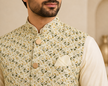 Men's silk white embroidery kurta-jacket-set 3