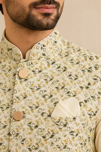 Men's silk white embroidery kurta-jacket-set