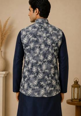 Men's silk blue embroidery kurta-jacket-set 4