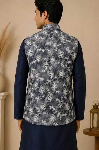 Men's silk blue embroidery kurta-jacket-set