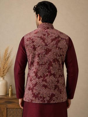 Men's silk maroon embroidery kurta-jacket-set 4