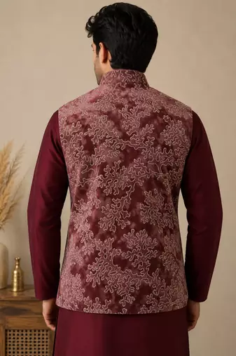 Men's silk maroon embroidery kurta-jacket-set