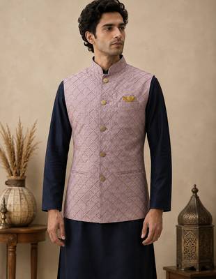 Men's silk blue embroidery kurta-jacket-set 3
