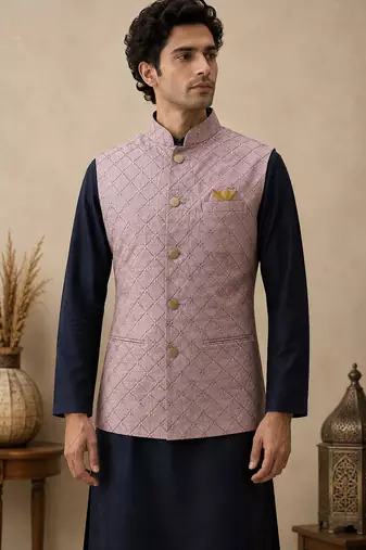 Men's silk blue embroidery kurta-jacket-set