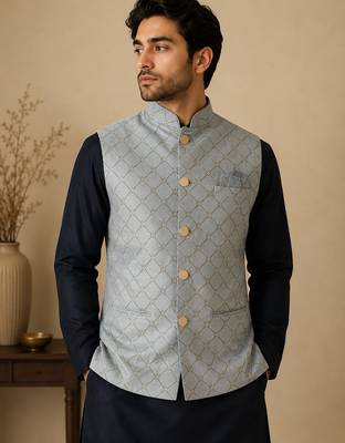 Men's silk blue embroidery kurta-jacket-set 2