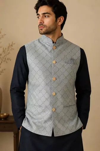 Men's silk blue embroidery kurta-jacket-set