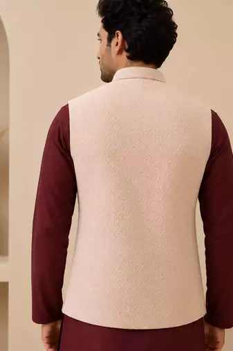 Men's silk maroon embroidery kurta-jacket-set