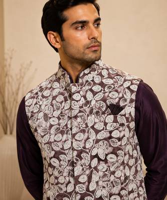 Men's silk maroon embroidery kurta-jacket-set 4