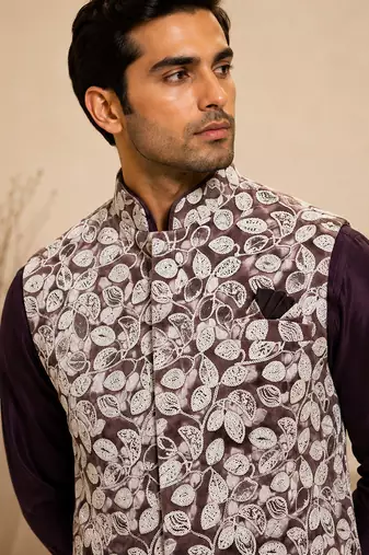 Men's silk maroon embroidery kurta-jacket-set