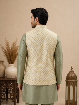 Men's silk green embroidery kurta-jacket-set 4
