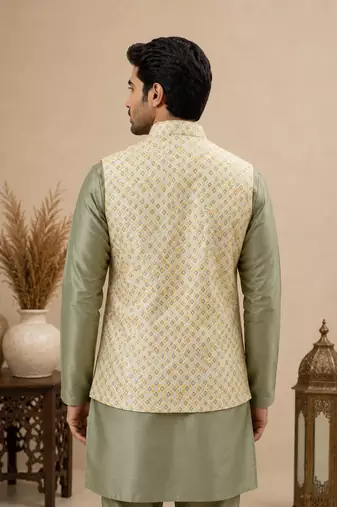 Men's silk green embroidery kurta-jacket-set