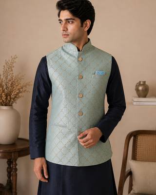 Men's silk blue embroidery kurta-jacket-set 3