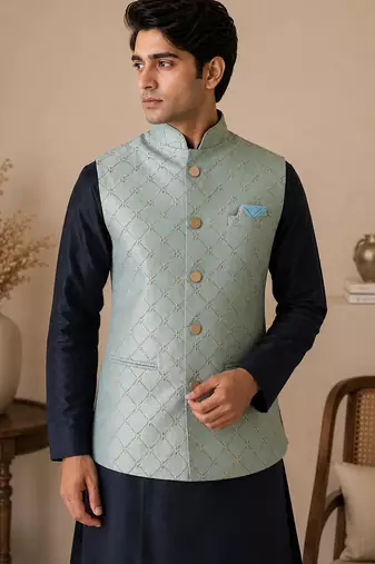 Men's silk blue embroidery kurta-jacket-set