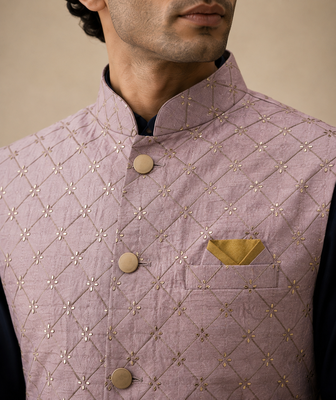Men's silk blue embroidery kurta-jacket-set 4