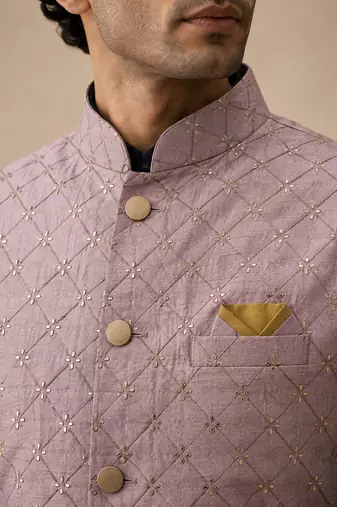 Men's silk blue embroidery kurta-jacket-set