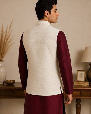 Men's silk maroon embroidery kurta-jacket-set 2
