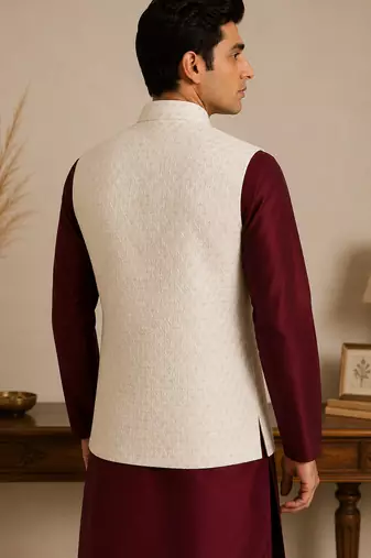 Men's silk maroon embroidery kurta-jacket-set