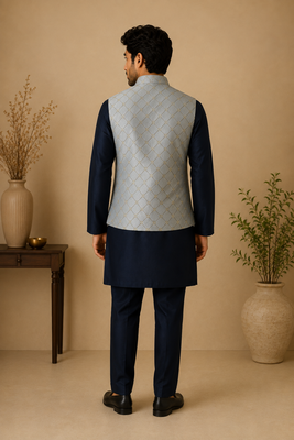 Men's silk blue embroidery kurta-jacket-set 3