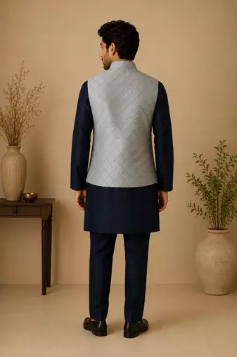 Men's silk blue embroidery kurta-jacket-set
