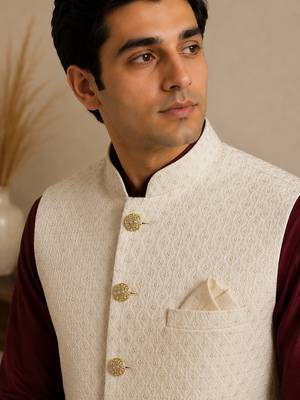 Men's silk maroon embroidery kurta-jacket-set 3