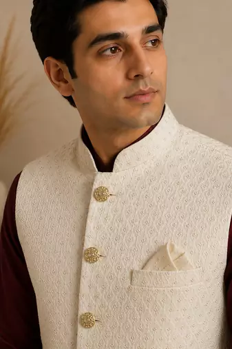 Men's silk maroon embroidery kurta-jacket-set