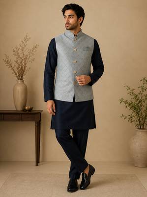 Men's silk blue embroidery kurta-jacket-set 4