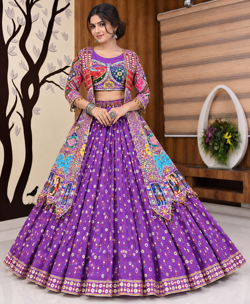 Muslin Cotton Double Layer Lehenga Choli Set With Mirror Work