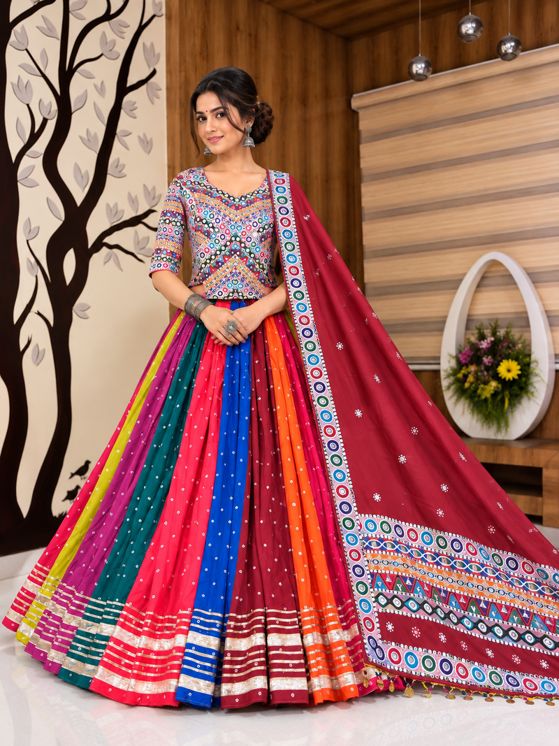 Muslin Cotton Double Layer Lehenga Choli Set With Mirror Work