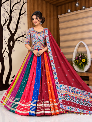 Muslin Cotton Double Layer Lehenga Choli Set With Mirror Work 1