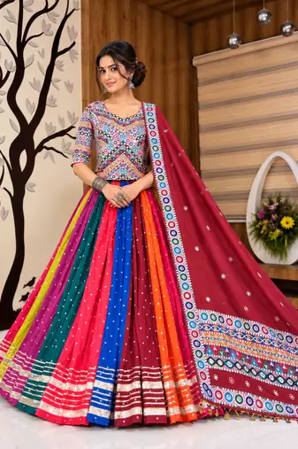 Muslin Cotton Double Layer Lehenga Choli Set With Mirror Work