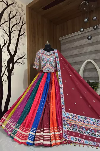 Muslin Cotton Double Layer Lehenga Choli Set With Mirror Work