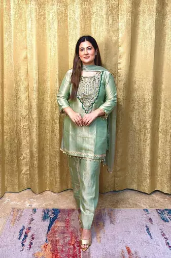 pastel pista designer kurti palazzo set with dupatta