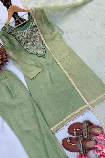 pastel pista designer kurti palazzo set with dupatta