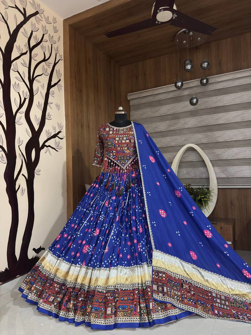 Muslin Cotton Lehenga Choli Set With Mirror Work And Lampi Lace