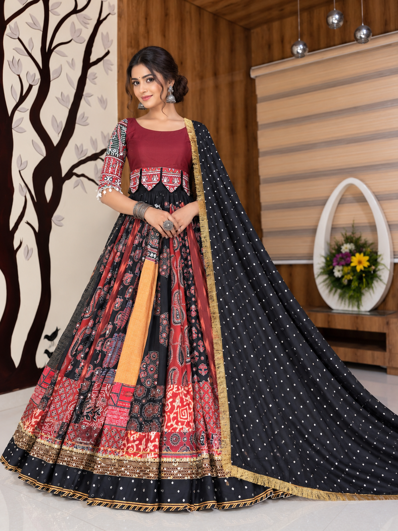 Muslin Cotton Lehenga Choli Set With Mirror Work And Patchwork
