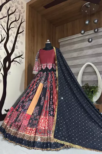 Muslin Cotton Lehenga Choli Set With Mirror Work And Patchwork