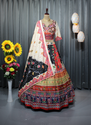 multi color digital print mirror work silk blend lehenga choli 3