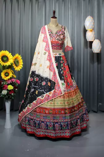 Multi Color Digital Print And Mirror Work Slik Blend Lehenga Choli