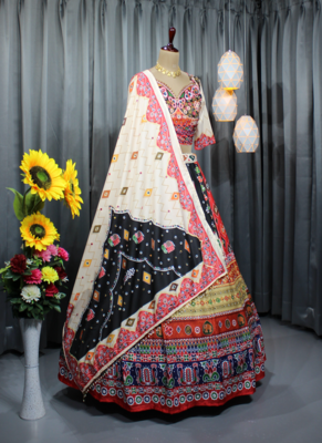 multi color digital print mirror work silk blend lehenga choli 4