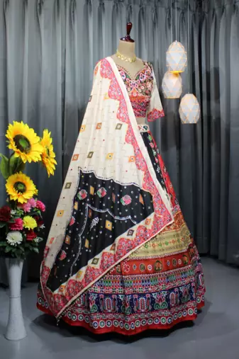 Multi Color Digital Print And Mirror Work Slik Blend Lehenga Choli