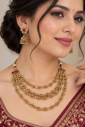 Multicolor antique gold-plated agate stone necklace set with jhumki earrings