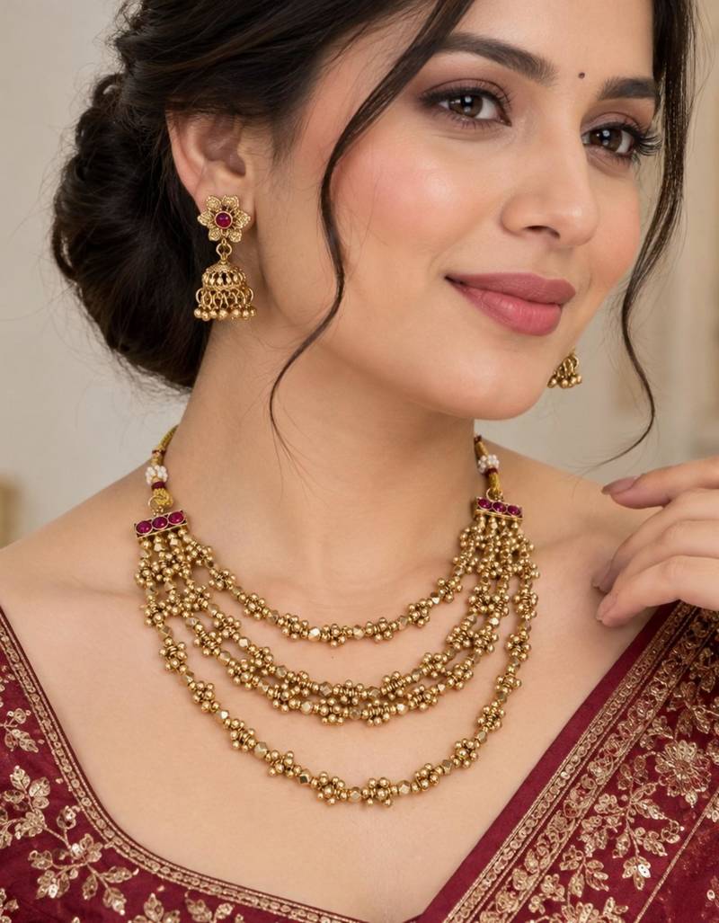Multicolor antique gold-plated agate stone necklace set with jhumki earrings