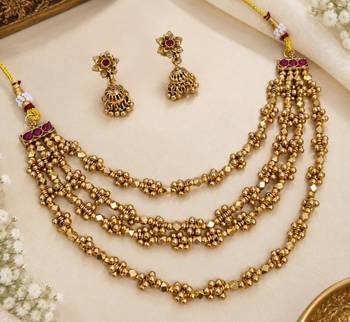 Multicolor antique gold-plated agate stone necklace set with jhumki earrings 2