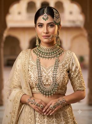 Green antique gold-plated agate stone two-layer necklace set with earrings, pasha, nath, panja & tika 1