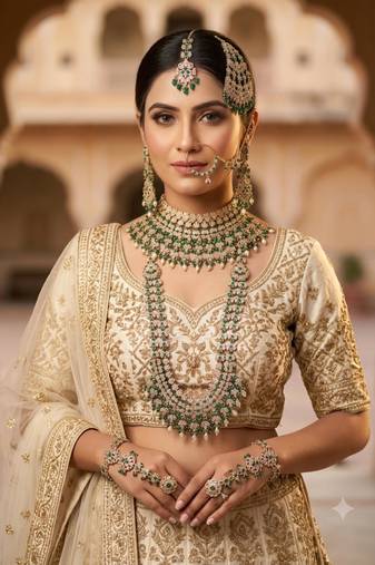 Green antique gold-plated agate stone two-layer necklace set with earrings, pasha, nath, panja & tika