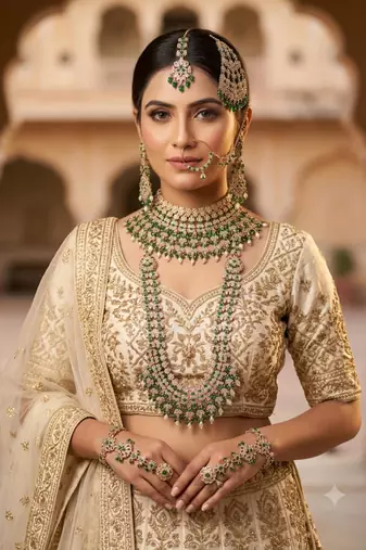 Green antique gold-plated agate stone two-layer necklace set with earrings, pasha, nath, panja & tika